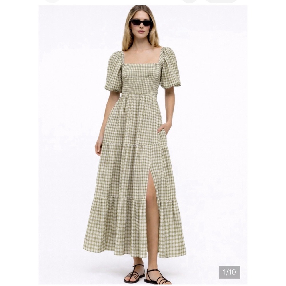 Abercrombie & Fitch Smocked Midi Dress Green Gingham Cottage Core READ Sz M
